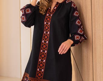 Striking Black Boho Tunic Dress with Geometric Embroidery – Folk Nouveau Style, Resourt Wear