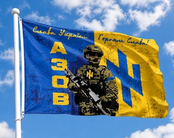 Bandiera moderna di supporto militare ucraino - Design Azov - "Gloria all'Ucraina! Gloria agli eroi!" - Bandiera patriottica blu e gialla, 105 x 70 cm