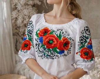 White Ukrainian Embroidered Blouse with Bold Red Poppies & Cornflowers