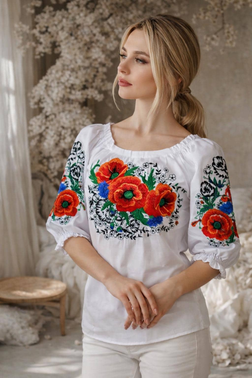 White Ukrainian Embroidered Blouse With Bold Red Poppies