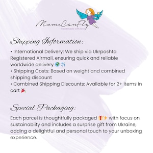 May include: White background with the text "MomsCanFly handmade with love." and a graphic of a winged figure. Text below details shipping information and special packaging, including a surprise gift from Ukraine.