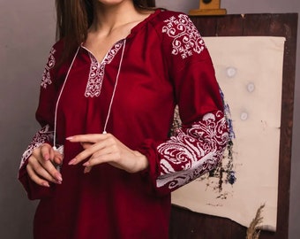 Luxurious Red Boho Blouse, Folk Nouveau Top, Embroidered Shirt for Women with Tassels, Peasant Blouse