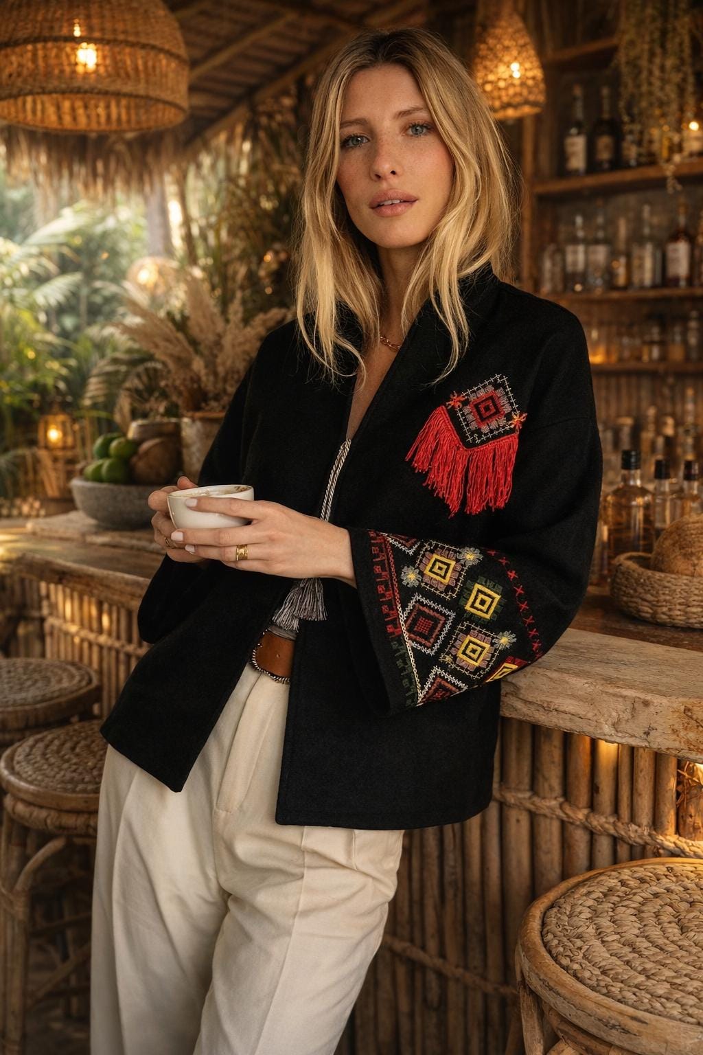 Artisan Boho Vyshyvanka Jacket With Geometric Embroidery and