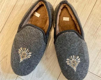 Natural Wool Slippers for Men Made in Ukraine – Carpathian Felt House Shoes with Embroidery – Warm Sheepskin Lined Home Slippers