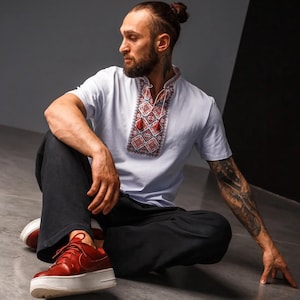 S-3XL White Embroidered Ukrainian Summer Vyshyvanka T-shirt for Men