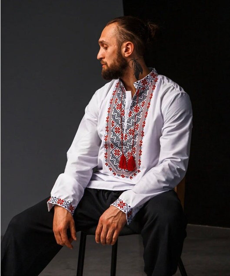 Men#39;s Embriodered Sorochka Shirt with Red Black Embroidery, Men#39;s Embriodered Sorochka Shirt with Red Black Embroidery,