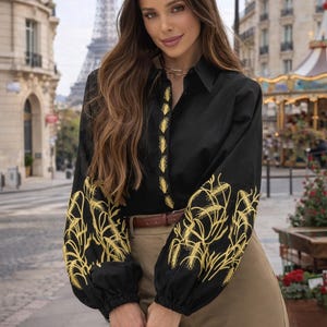 Elegant Button-Up Vyshyvanka Shirt with Wheat Embroidery for Women - 2 Colors
