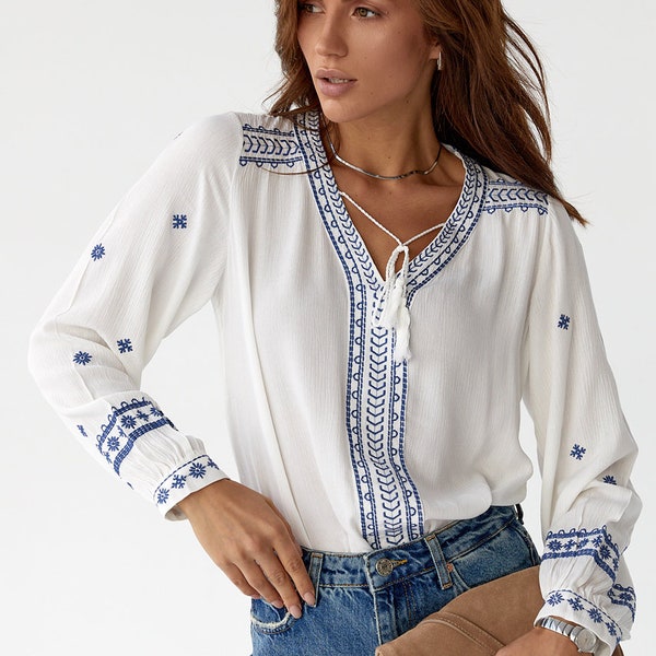 Folk Nouveau Embroidered Blouse with Modern Embroidery, Boho Style Shirt for Women, Elegant Summer Blouse with Gentle Embroidery