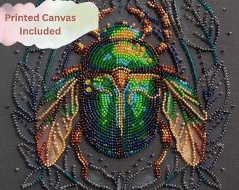Kit per ricamo con perline – Disegno di uno scarabeo smeraldo su tela – Arte decorativa della natura con perline Preciosa