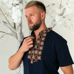 S-3XL Elegant Slavic-Inspired Embroidered T-Shirt – Blue Base with Brown Embroidery, Vyshyvanka T-Shirt for Summer