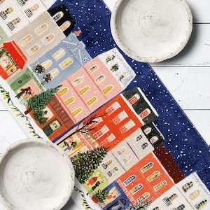 Wintery Christmas Table Runner with Festive Village Scene, Joyful New Year Kitchen Table Runner