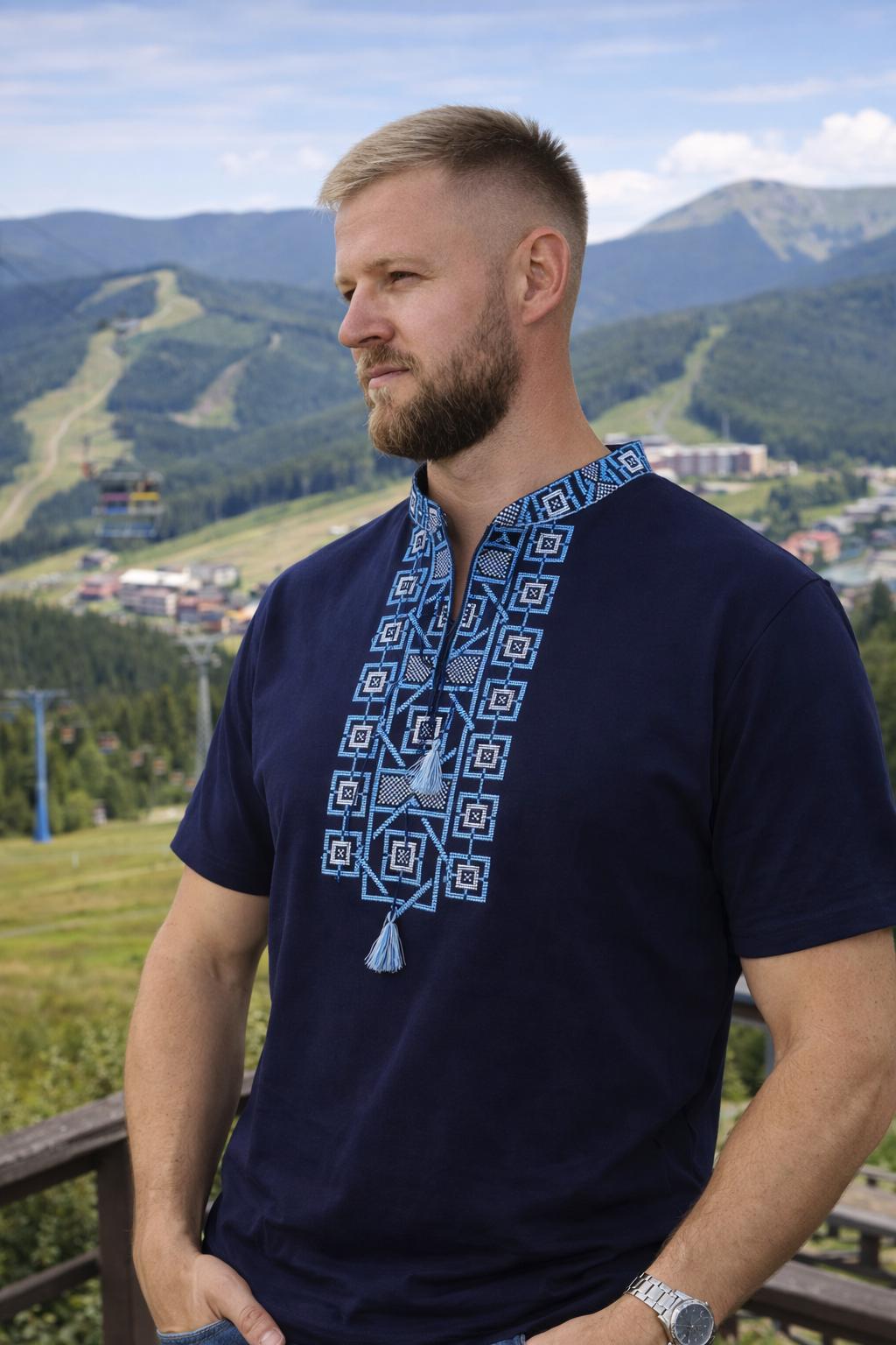 S-3XL Elegant Slavic-inspired Embroidered T-shirt – Dark Blue Base