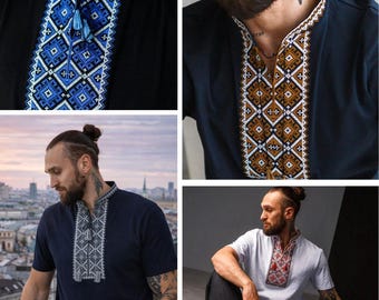 S-3XL Modern Embroidered T-Shirt for Men, Ukrainian T-shirt with Golden Embroidery, Vyshyvanka T-shirt