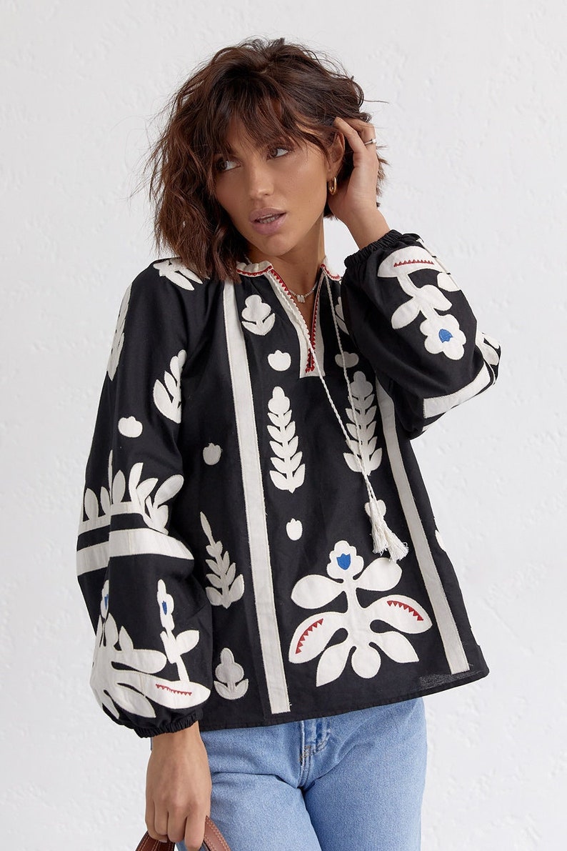 Gorgeous Boho Embroidered Blouse, Elegant Summer Folk Nuoveau Blouse with Floral Motiff, Black Aztec Embroidery Blouse S US women's letter
