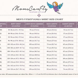 May include: A size chart for men's vyshyvanka shirts, featuring measurements in inches and centimeters. The chart includes sizes from XXS to 7XL, with body chest, chest width, back length, sleeve length, and short sleeve length measurements.