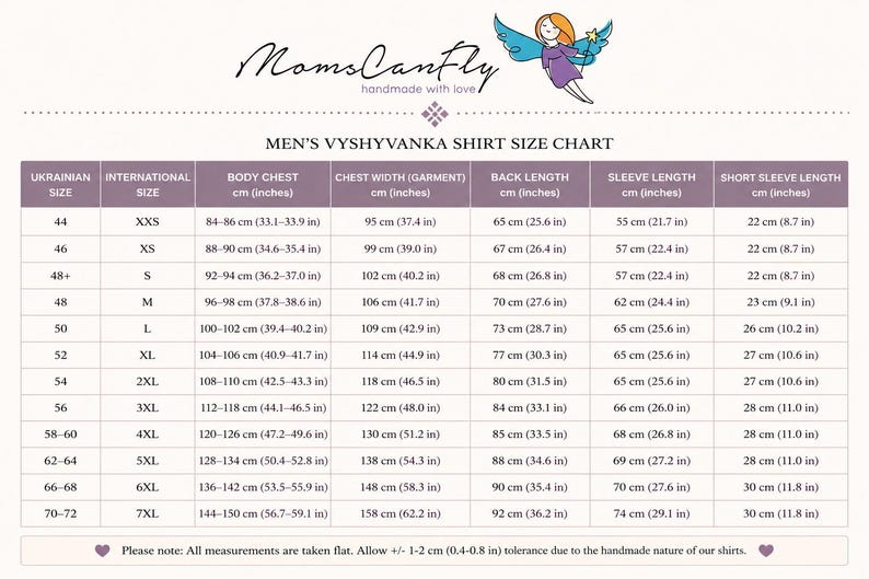 May include: A size chart for men's vyshyvanka shirts, featuring measurements in inches and centimeters. The chart includes sizes from XXS to 7XL, with body chest, chest width, back length, sleeve length, and short sleeve length measurements.