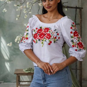 S-4XL Romantic Ukrainian Vyshyvanka Blouse with Red Floral Embroidery