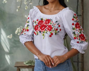 Blusa ucraniana romántica Vyshyvanka con bordado floral rojo (tallas S-4XL)
