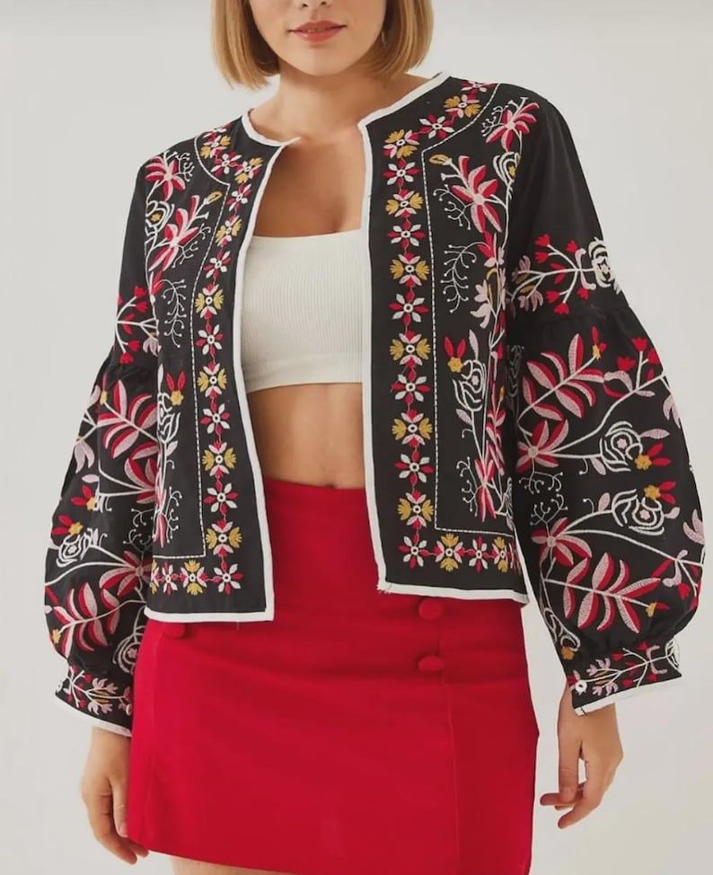 Chaqueta bohemia de verano con bordado floral para mujer - Chaqueta floral bohemia con top corto - Blazer abierto bohemio corto Negro