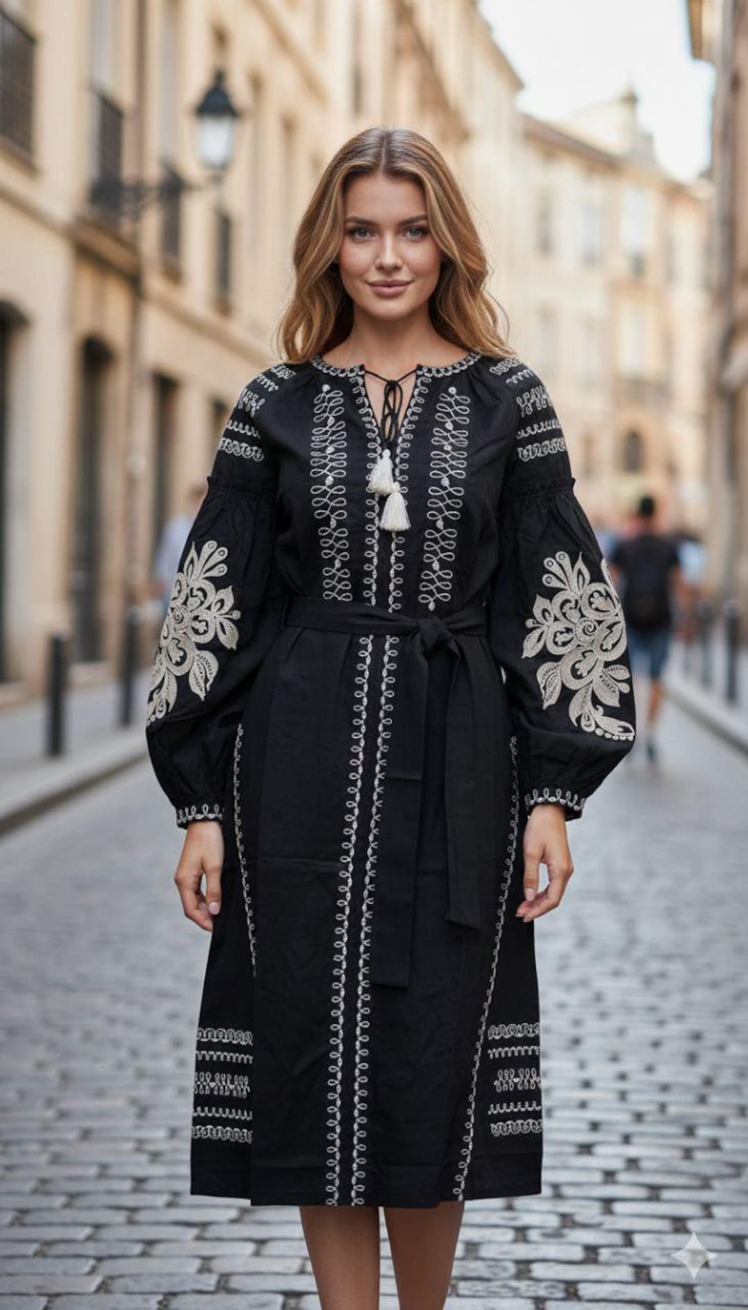 Elegant Black Vyshyvanka Dress – Floral Rose Embroidery – Folk Elegant Black Vyshyvanka Dress – Floral Rose Embroidery – Folk