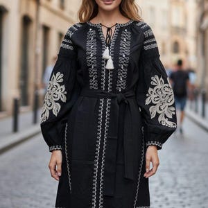 black embroidered rose dress Elegant Black Evening Gown: Red Rose Embroidery, Handmade