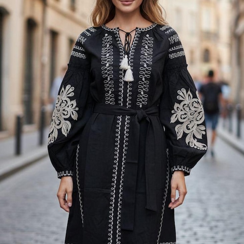 Elegant Black Vyshyvanka Dress – Floral Rose Embroidery – Folk