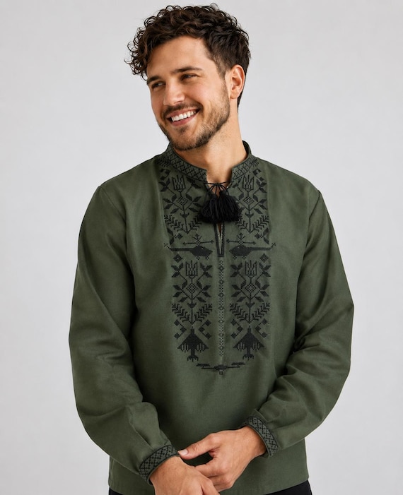XS-7XL Green Military Ukrainian Vyshyvanka Shirt for Men