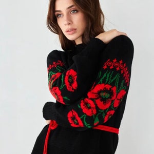 Oversize Long Winter Fall Sweater Dress, Long Sleeves Dress with Flowers, Modern Oversize Dress with Embroidery