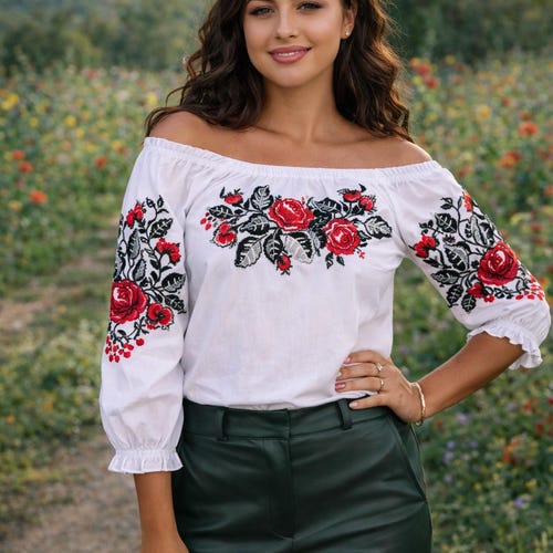 White Oversized Ukrainian Embroidered Blouse | Boho Peasant Shirt