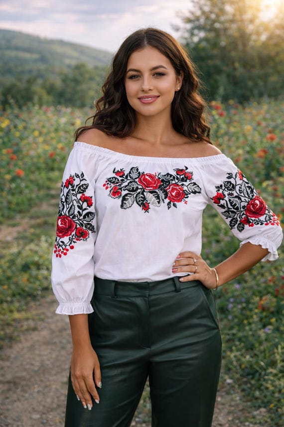 S-4XL White Embroidered Traditional Ukrainian Blouse With Red