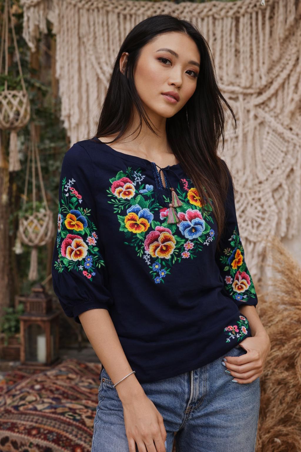 S-4XL Boho Ukrainian Vyshyvanka Blouse With Forget-me-not