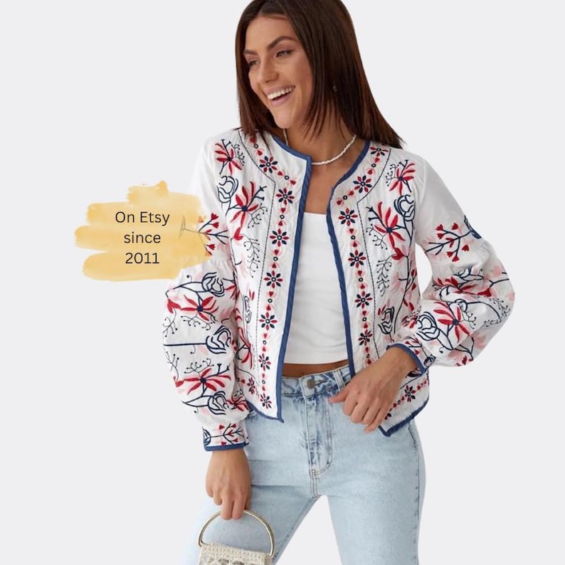 Chaqueta bohemia de verano con bordado floral para mujer - Chaqueta floral bohemia con top corto - Blazer abierto bohemio corto imagen 2