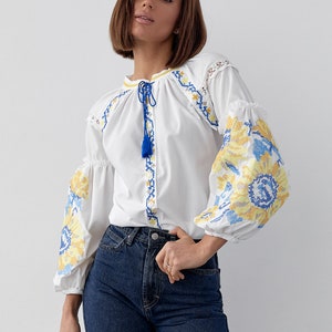 Gorgeous Ukrainian Sunflower Embroidered Blouse, Elegant Vyshyvanka for Women with Flower Embroidery, Flok Nouveau Blouse with sunflowers