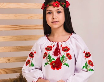 3-9YO Flower Embroidered Traditional Shirt or Girls, Ukrainian Folk Blouse with Flowers, Slavic Top for Girl, Rich Flower Embroidery Blouse