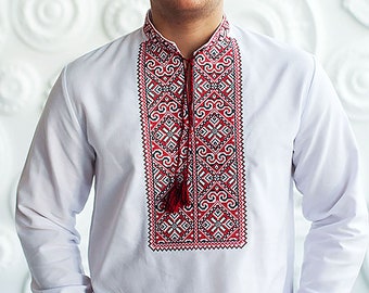 Embriodered Vyshyvanka Shirt with Red Embroidery,  Modern Vyshyvanka for Men, Summer Ukrainian Shirt