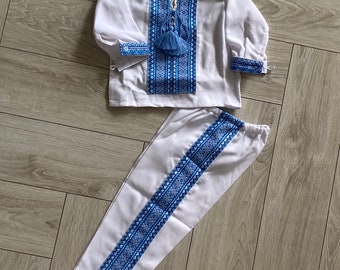 Blue Ukrainian Baby Boy Baptism Set, Embroidered Ukrainian Outfit, Baby Boy Vyshyvanka Outfit, Christening Outfit Little Ukrainian