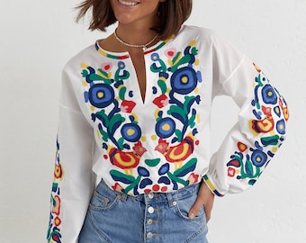 Bohemian Style Embroidered Blouse, Floral Blouse, Boho Top for Women, Folk Nouveau Shirt, Embroidered Top with Flowers