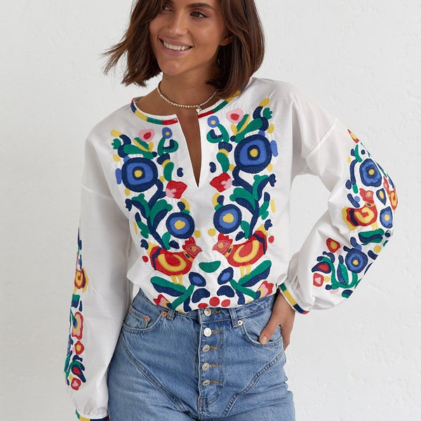 Bohemian Style Embroidered Blouse, Floral Blouse, Boho Top for Women, Folk Nouveau Shirt, Embroidered Top with Flowers