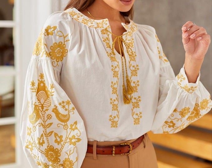 S-2XL White Ukrainian Embroidered Blouse | Boho Folk-Inspired Top with Golden Floral Details | Loose Fit Peasant Shirt for Women