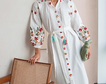 White Summer Gloral Dress with Folk Nouveau Embroidery – Resort-Ready Effortless Elegance, Boho Flower Embroidered Summer Dress