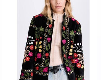 Geborduurd zwart boho-jack voor dames, hoogwaardig jack met borduursel, warm crop-topjack