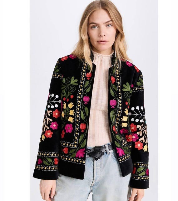 Blazer Lungo In Velluto Ricamato Per Donna – Stile Boho Vintage Con Ricami Floreali E Revers A Lancia