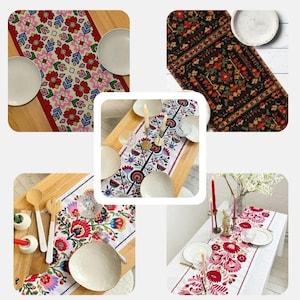 May include: A collection of five rectangular table runners featuring diverse floral and geometric patterns in vibrant colors including red, pink, blue, and green, displayed on various dining tables with plates and candles.