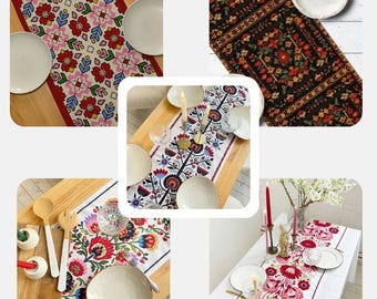 May include: A collection of five rectangular table runners featuring diverse floral and geometric patterns in vibrant colors including red, pink, blue, and green, displayed on various dining tables with plates and candles.