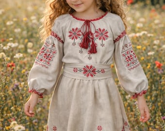 Long-Sleeve Ukrainian Children’s Dress with Embroidery, Belt, and Tulle Underskirt, Ukrainian Embroidered Vyshyvanka Dress