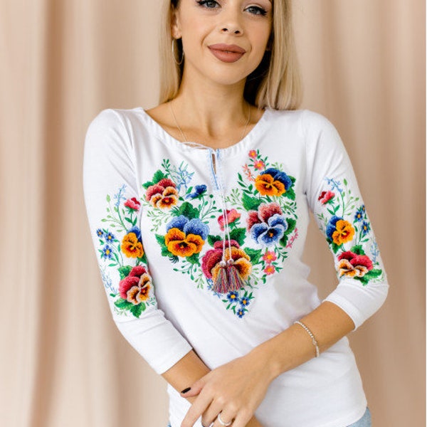 S-4XL Stylish White Vyshyvanka, Hippie Blouse with Floral Embroidery, Ukrainian Embroidered Clothes, Ukrainian Gift