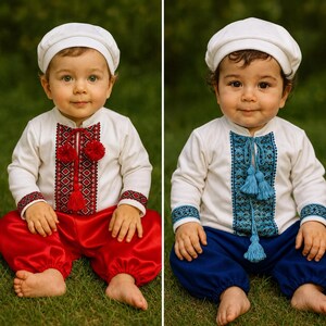 Adorable Little Red Baby Cossack Costume with Sharovary – Traditional Ukrainian Charm for Baby Boys, Vyshyvanka Baptim Set