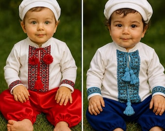Adorable Little Red Baby Cossack Costume with Sharovary – Traditional Ukrainian Charm for Baby Boys, Vyshyvanka Baptim Set