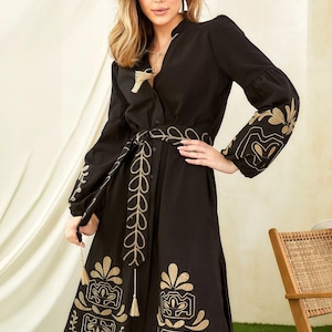 Black Embroidered Summer Vyshyvanka Boho Dress, Resort Kaftan Vacation Dress with Embroidery