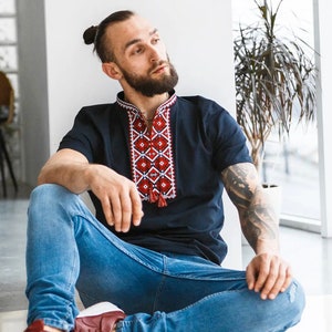 S-3XL Eye-Catchy Black Embroidered Ukrainian T-Shirt – Black Base with Traditional Red Embroidery